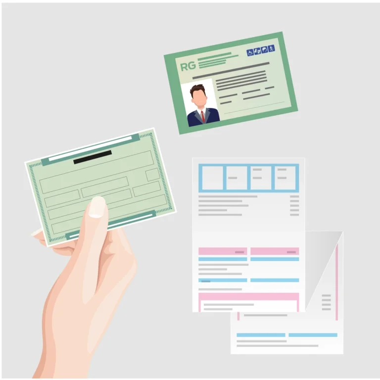 Ilustração de uma pessoa segurando cartões de RG e documentos impressos, além de uma tela com formulários e informações, sugerindo verificação e cadastro de dados